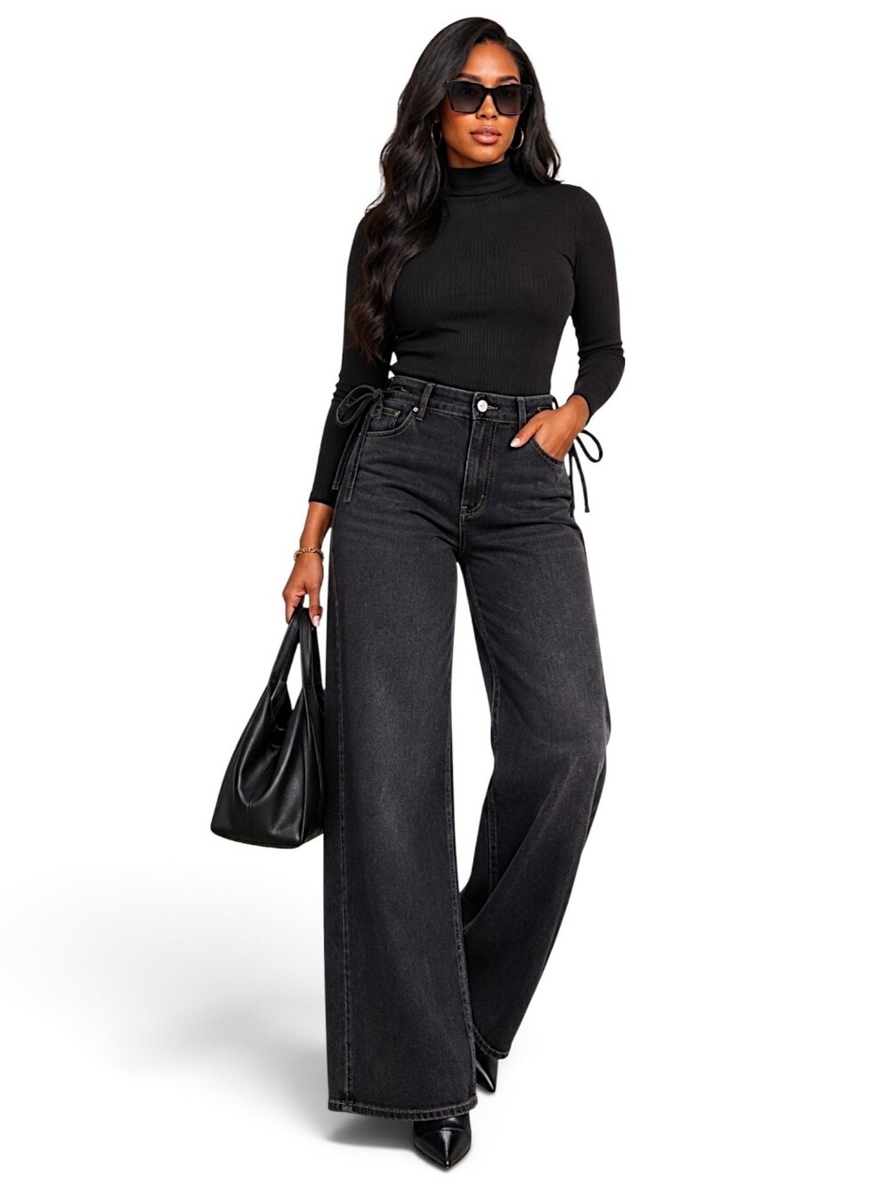 CELEBRITY PINK Side Tie Wide Leg Jeans Black
